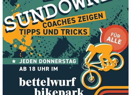 Ein Poster für eine wöchentliche Veranstaltung im Bettelwurf Bikepark. Es bietet Tipps und Tricks von Coaches für alle Interessierten.