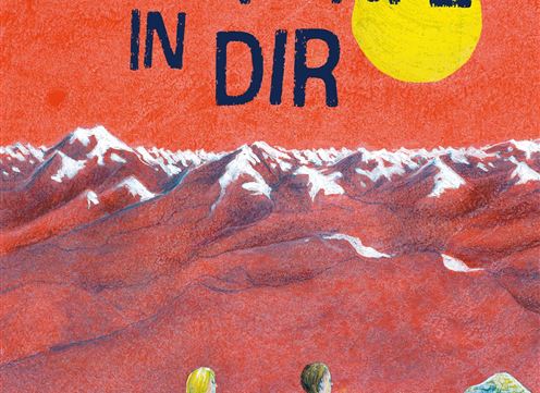 Das Cover eines Buches mit dem Titel "Der Platz in dir". Es zeigt zwei Kinder, die auf einem Felsen sitzen und die Berge sowie die Sonne im Hintergrund betrachten.