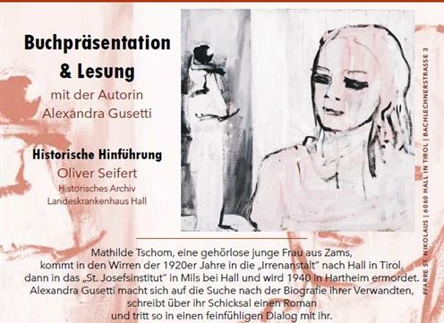 Ein Plakat für eine Buchpräsentation und Lesung mit der Autorin Alexandra Gusetti. Es zeigt Informationen über die Veranstaltung und eine skizzierte Darstellung von Mathilde.