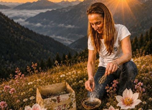 Eine Frau sitzt in einer blühenden Wiese und zündet etwas in einer Schale an. Im Hintergrund sind Berge und ein wunderschöner Sonnenuntergang zu sehen.