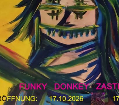Ein farbenfrohes Kunstwerk von Dimitri Holzinger mit einer abstrakten Darstellung eines Gesichts. Informationen zur Eröffnung einer Ausstellung in der Galerie Moto sind ebenfalls enthalten.