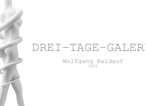 Une sculpture moderne d'un corps humain, enroulée dans une structure en spirale. L'arrière-plan est simple et blanc, avec le titre "Galerie de Trois Jours" et le nom de l'artiste.