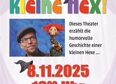 A poster for a puppet theater titled "Good Morning, Little Witch!". It informs about an event for children on November 8, 2025, and features a puppet and an actor.