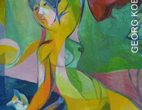 Eine abstrakte und farbenfrohe Darstellung einer weiblichen Figur, die einen Kater hält. Die Komposition zeigt lebendige Farben und dynamische Formen.