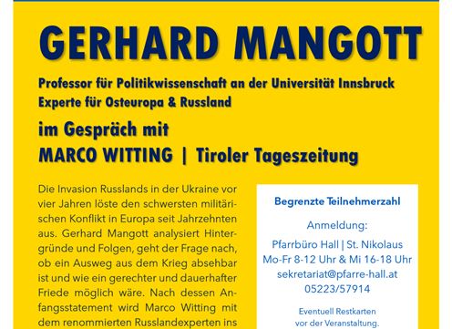 A promotional poster for a discussion panel about the war in Ukraine. The event will take place on February 26, 2026, with Gerhard Mangott and Marco Witting.