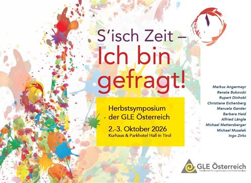 A colorful poster for the Autumn Symposium of GLE Austria. It will take place on October 2nd and 3rd, 2026 at the Kurhaus & Parkhotel Hall in Tyrol.
