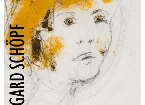 An artistic invitation to an exhibition by Irmengard Schöpf. The graphic shows a portrait of a woman with orange accents.