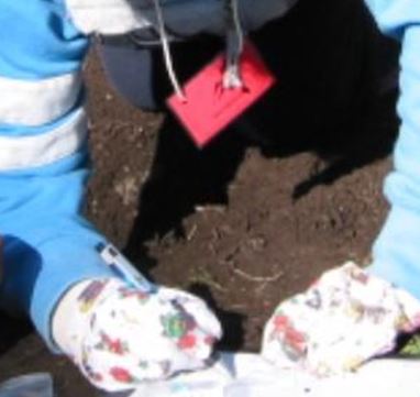 A boy is kneeling on the ground and writing in a notebook. Next to him lies a flower pot and some materials for research.