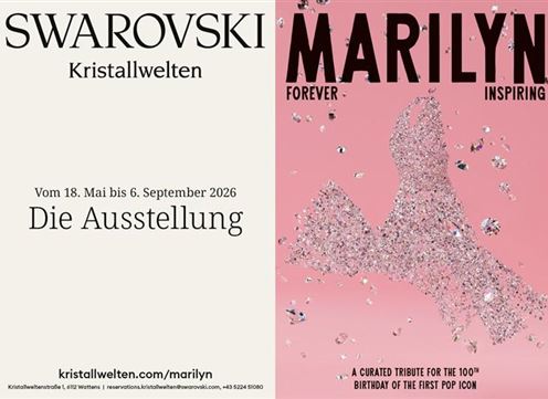 Die Anzeige bewirbt eine Ausstellung von Swarovski zum 100. Geburtstag von Marilyn Monroe. Sie zeigt ein kreatives Design mit pinkem Hintergrund und glitzernden Elementen.