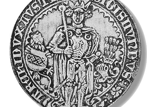 A historical coin featuring a depicted king holding a scepter. Surrounding him are various decorative elements and inscriptions.