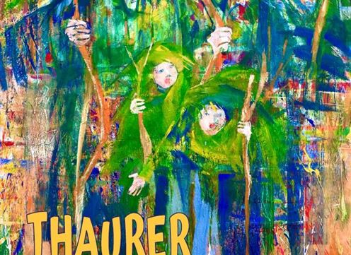 Ein farbenfrohes Kunstwerk mit zwei Figuren, die in grünen Kostümen dargestellt sind. Der Hintergrund ist lebhaft und abstrakt mit verschiedenen Farbtönen.