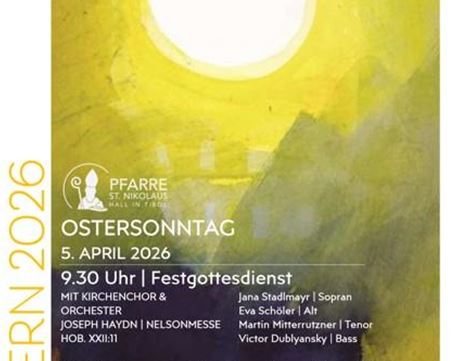 Een poster voor de Paasviering 2026 met informatie over de diensten. Het bevat details over de tijden en de deelnemers.