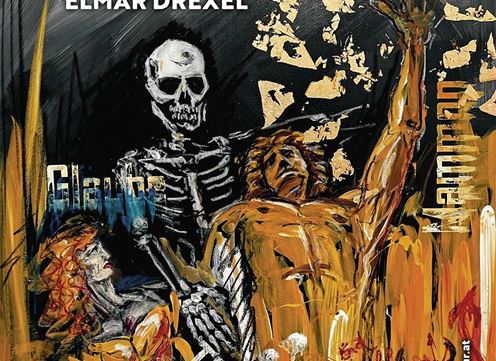 Un poster per la rappresentazione di "Jedermann" con un'opera d'arte drammatica. Mostra una figura di teschio e colori vivaci che sottolineano il tema dell'opera.
