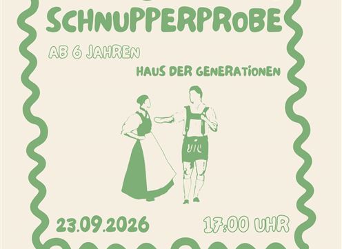 Eine Einladung zu einer Schnupperprobe im Haus der Generationen. Die Veranstaltung findet am 23.09.2026 um 17:00 Uhr statt und richtet sich an Kinder ab 6 Jahren.