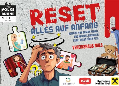 A colorful poster for the comedy "RESET – Everything to the Beginning". It features a worried man with various illustrations in the background.