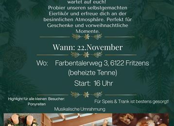 Ein einladender Weihnachtsmarkt mit regionalen Produkten, Adventskränzen und leckeren Keksen. Der Markt findet am 22. November im Bacherhof in Fritzens statt.