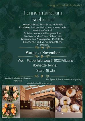 Un mercatino di Natale accogliente con prodotti regionali, ghirlande dell'Avvento e deliziosi biscotti. Il mercato si svolgerà il 22 novembre presso il Bacherhof a Fritzens.