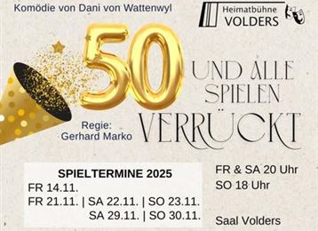 Un manifesto per uno spettacolo teatrale intitolato "50 e tutti impazziscono". Le rappresentazioni si svolgeranno nella sala Volders, con date a novembre 2025.