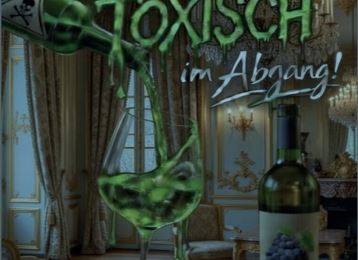 A green cocktail flows from a bottle, creating a bubbling liquid. In the background, an elegant room with classic interior can be seen.