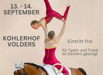 Ein Plakat für die Tiroler Meisterschaft im Voltigieren 2025. Es zeigt zwei Voltigiererinnen auf einem Pferd, die eine akrobatische Darbietung präsentieren.