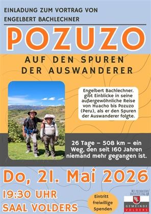 Een uitnodiging voor een lezing over een reis naar Pozuzo, Peru. De lezing toont de ervaringen van Engelbert Bachelechner op een unieke wandelroute.
