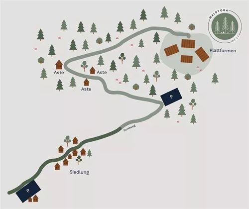 A simple map shows a path to various platforms and a settlement in a wooded area. Marked areas indicate parking lots and cabins.