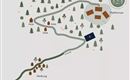 A simple map shows a path to various platforms and a settlement in a wooded area. Marked areas indicate parking lots and cabins.