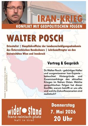 Een poster voor een evenement over de Iran-oorlog. Het toont de spreker Walter Posch en bevat informatie over het onderwerp en de tijd van de lezing.