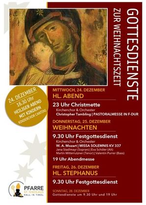 Een informatief blad over diensten tijdens de kerstperiode. Het toont data voor verschillende evenementen in een kerk.