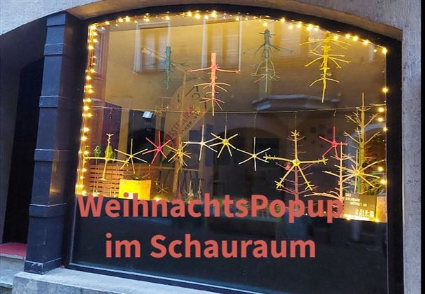 A beautiful display window with festive Christmas decorations and colorful lights. The inscription "Christmas Popup in the Showcase" catches the eye.