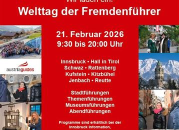 Ein Werbeplakat für den Welttag der Fremdenführer, der am 21. Februar 2026 in Tirol stattfindet. Es gibt Stadtführungen, Themenführungen und Museumsführungen von 9:30 bis 20:00 Uhr.