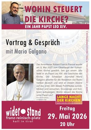 Een poster voor een evenement met de titel „Waar gaat de kerk naartoe?“ Het toont een lezing en een gesprek met Mario Galgano, dat op 29 mei 2026 plaatsvindt.