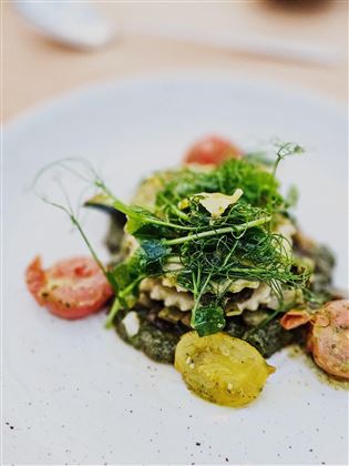 Ein schmackhaft präsentiertes Gericht mit Blattnudeln, frischen Kräutern und verschiedenen Kirschtomaten. Die Farben und Texturen verleihen dem Teller eine ansprechende Optik.