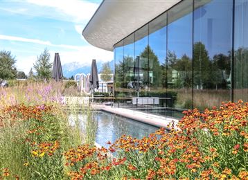 Un bâtiment moderne avec de grandes fenêtres, entouré de fleurs et d'herbes colorées. À l'arrière-plan, une piscine est visible, reflétant l'environnement naturel.