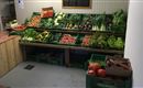 Un petit marché avec des légumes et des fruits frais sur des étagères. La sélection comprend différentes variétés telles que la laitue, les tomates et la citrouille.