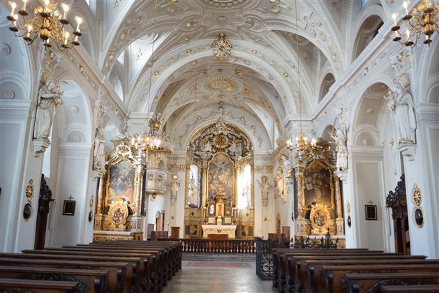 An elegant church with a high, intricately decorated vault. The altar area is clearly visible and surrounded by wooden pews.