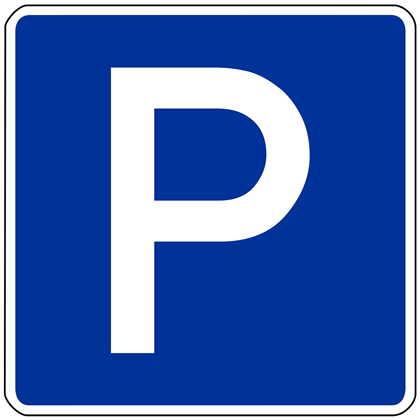 Ein Parkplatzschild mit einem blauen Hintergrund und einem weißen "P" in der Mitte. Es weist darauf hin, dass Parkmöglichkeiten vorhanden sind.
