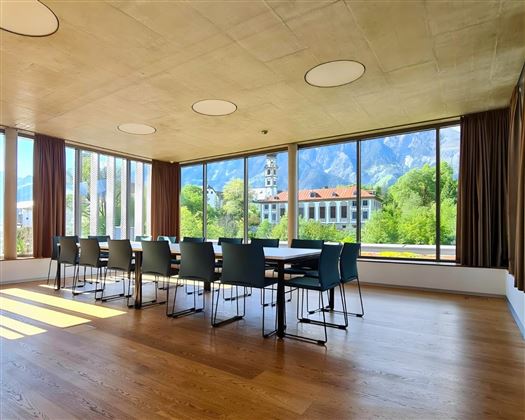 Ein moderner Konferenzraum mit einem großen Tisch und Stühlen. Durch die Fenster ist eine grüne Landschaft und Berge sichtbar.