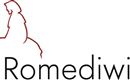 Een eenvoudig logo met de tekst "Romediwirt". Daarop staat een gestileerde figuur die op een beer zit.