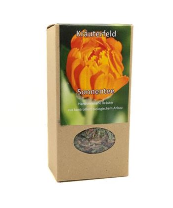 Un bel emballage pour le thé aux herbes avec une fleur orange éclatante à l'avant. Le thé provient de l'agriculture biologique contrôlée.