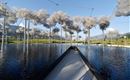 Een artistieke installatie met zwevende, wolkenachtige structuren boven een rustige waterpartij. Op de achtergrond zijn groene weiden en zachte heuvels zichtbaar.