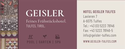 An elegant hotel named Geisler in Tulfes, Tyrol. The illustration shows information about the hotel, including contact details and amenities such as a pool, garden, and spa.