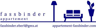 Un logo minimalista per un appartamento con un divano, una lampada e una pianta. I testi includono i dati di contatto e il nome "Fassbinder Appartement".