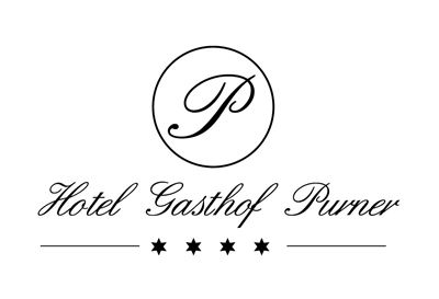 Le logo de l'hôtel Gasthof Purner. Il montre la lettre "P" dans un design élégant, entouré de typographies stylées et d'étoiles.