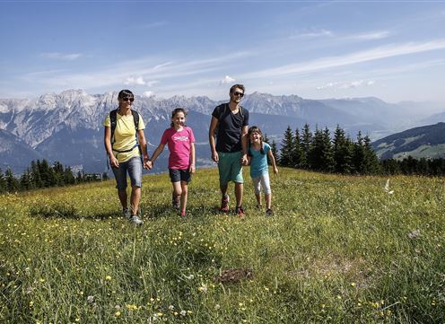 Een gezin wandelt op een weide in de bergen. Op de achtergrond zijn hoge bergen en een blauwe lucht te zien.