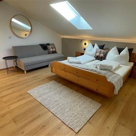 Ein gemütliches Schlafzimmer mit einem Doppelbett und einem Schlafsofa. Große Fenster sorgen für viel Tageslicht und eine einladende Atmosphäre.