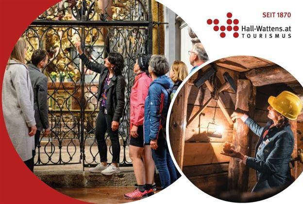 A group of people is observing a tour in a historic building. In the right part of the image, a woman wearing a helmet is holding a lamp in a tunnel.