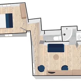 A schematic floor plan of an apartment. The rooms are clearly defined and include a bedroom, a bathroom, and a living area.