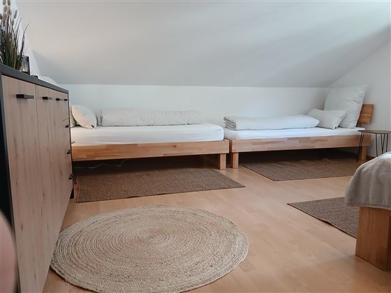 A bright bedroom with two beds and a carpet. The walls are plain and the floor is made of wood.