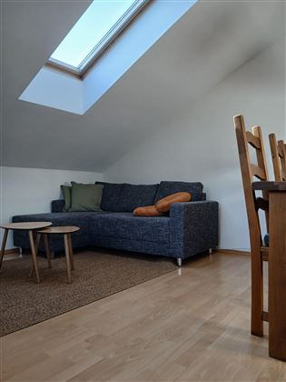 A cozy living room with a dark gray sofa and a small table. Light falls through a skylight, creating a bright atmosphere.